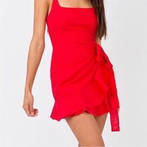 Square Neck Red Tie-Waist Mini Dress